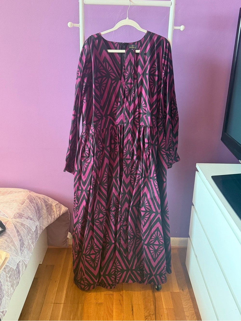Geometric Magenta and Black Long Sleeve Maxi Dress